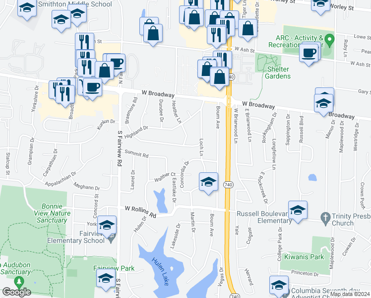 map of restaurants, bars, coffee shops, grocery stores, and more near 2316 Braemore Road in Columbia