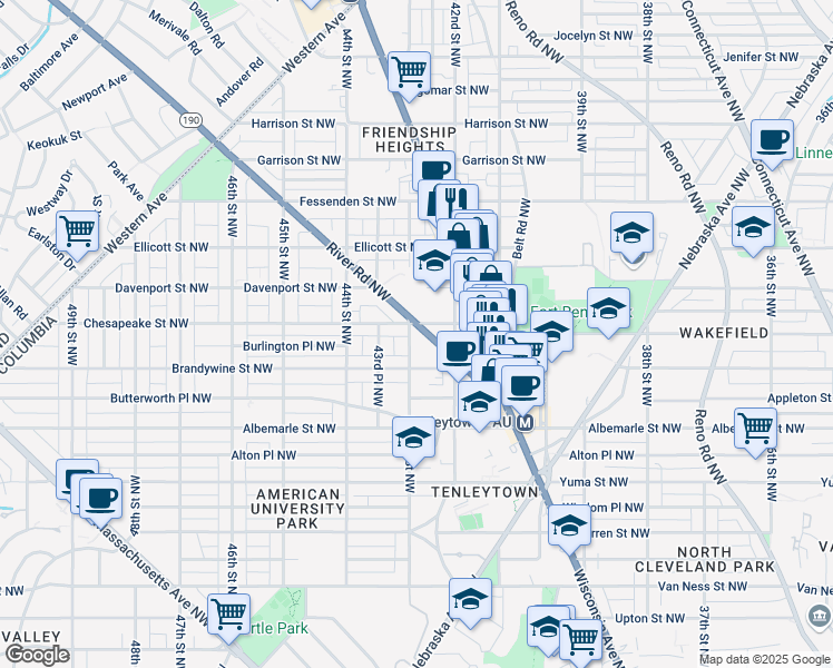 map of restaurants, bars, coffee shops, grocery stores, and more near 4240 River Road Northwest in Washington