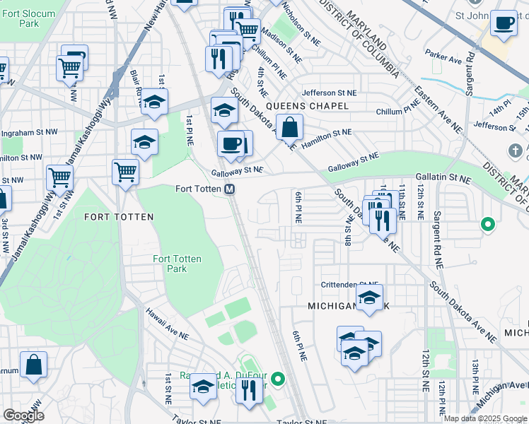 map of restaurants, bars, coffee shops, grocery stores, and more near 401 Farragut Place Northeast in Washington