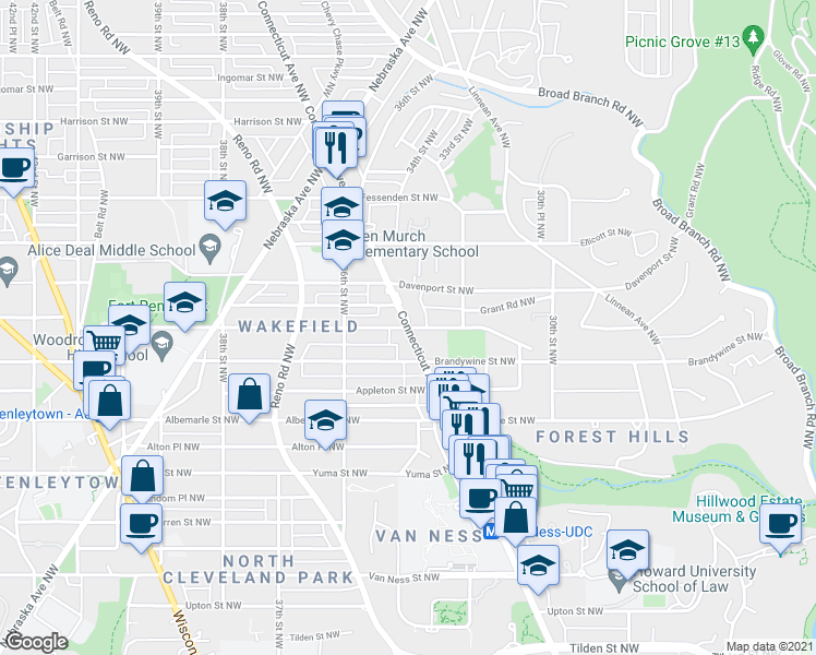 map of restaurants, bars, coffee shops, grocery stores, and more near Connecticut Avenue Northwest & Chesapeake Street Northwest in Washington