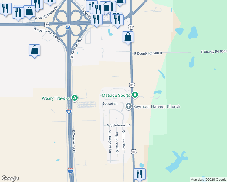 map of restaurants, bars, coffee shops, grocery stores, and more near 2710 Bent Tree Lane in Seymour