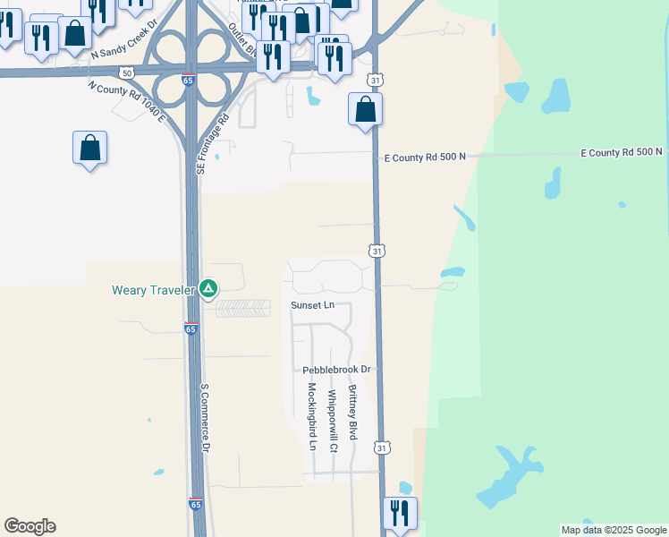 map of restaurants, bars, coffee shops, grocery stores, and more near 2638 Bent Tree Lane in Seymour