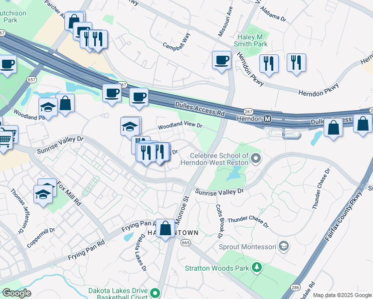 map of restaurants, bars, coffee shops, grocery stores, and more near 12953 Centre Park Circle in Herndon