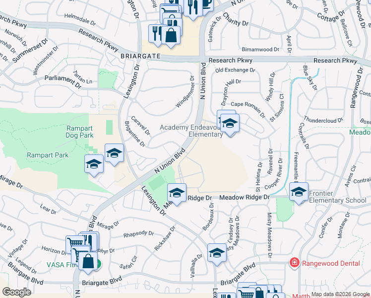 map of restaurants, bars, coffee shops, grocery stores, and more near 8165 North Union Boulevard in Colorado Springs