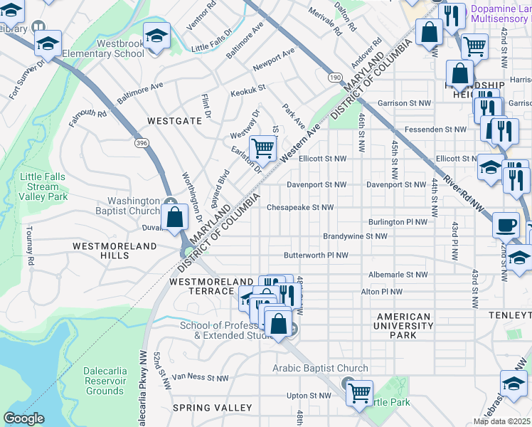 map of restaurants, bars, coffee shops, grocery stores, and more near 4635 49th Street Northwest in Washington