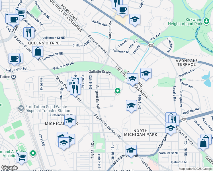 map of restaurants, bars, coffee shops, grocery stores, and more near 1247 Faraday Place Northeast in Washington