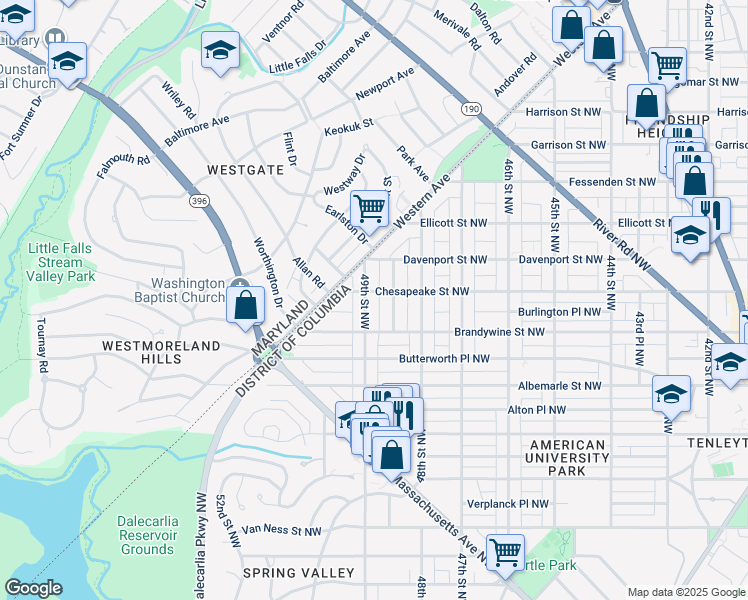 map of restaurants, bars, coffee shops, grocery stores, and more near 4635 49th Street Northwest in Washington