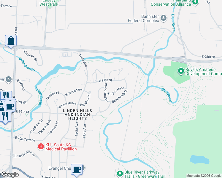 map of restaurants, bars, coffee shops, grocery stores, and more near 1723 East 97 Terrace in Kansas City