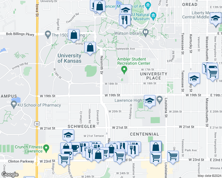 map of restaurants, bars, coffee shops, grocery stores, and more near 1812 Arkansas Street in Lawrence