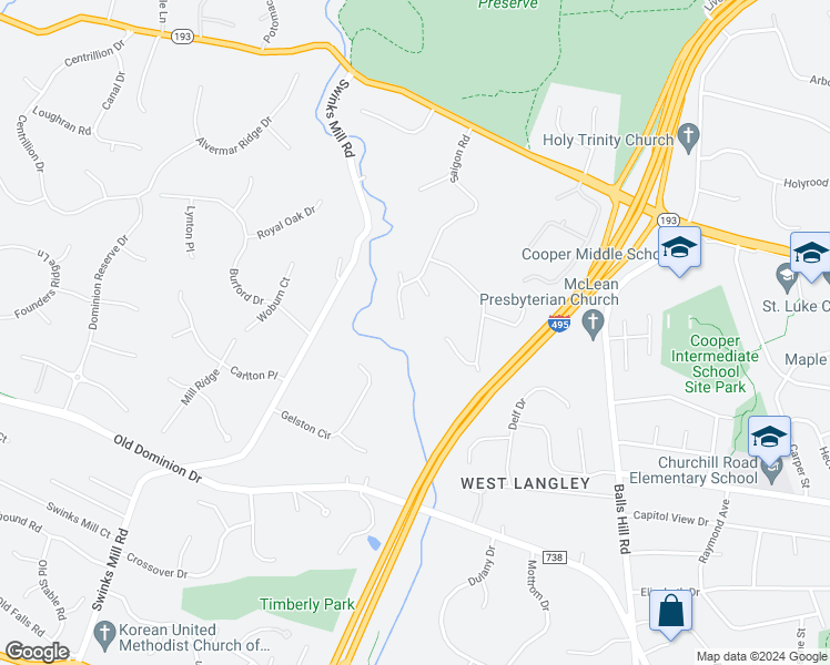 map of restaurants, bars, coffee shops, grocery stores, and more near 989 Saigon Road in McLean