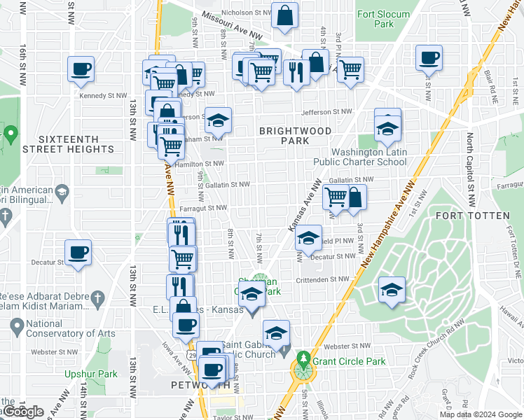 map of restaurants, bars, coffee shops, grocery stores, and more near 4931 7th Street Northwest in Washington