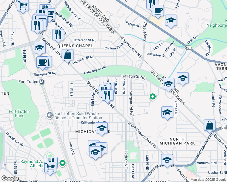 map of restaurants, bars, coffee shops, grocery stores, and more near 5014 11th Street Northeast in Washington
