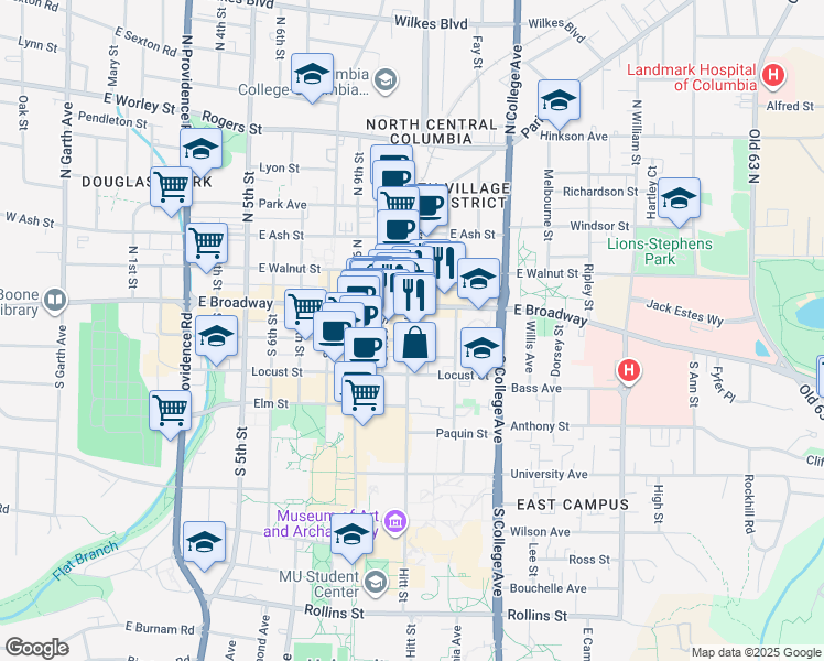 map of restaurants, bars, coffee shops, grocery stores, and more near 10 Hitt Street in Columbia