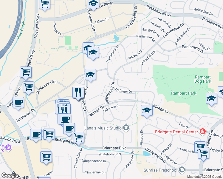map of restaurants, bars, coffee shops, grocery stores, and more near 8187 Summerset Dr in Colorado Springs