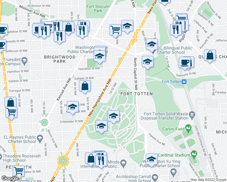 map of restaurants, bars, coffee shops, grocery stores, and more near 5005 1st Street Northwest in Washington