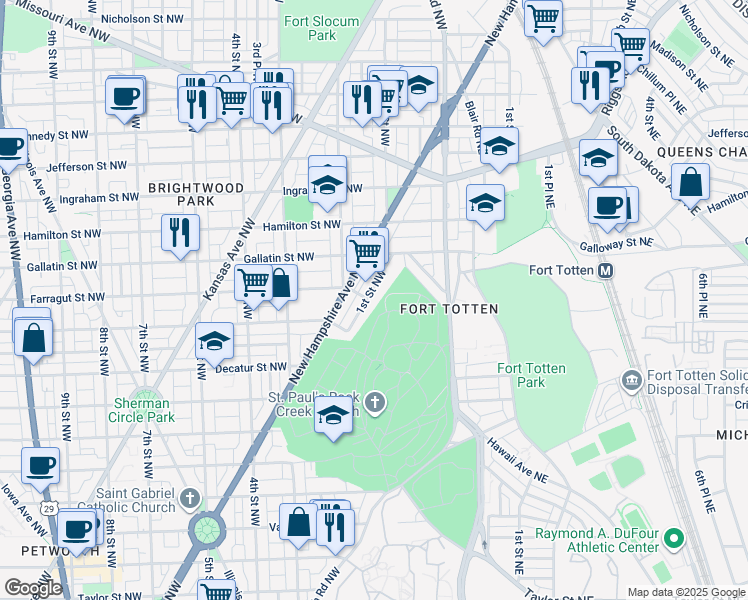 map of restaurants, bars, coffee shops, grocery stores, and more near 5005 1st Street Northwest in Washington