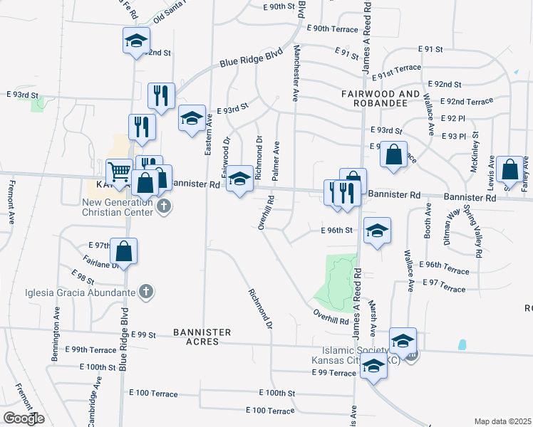 map of restaurants, bars, coffee shops, grocery stores, and more near 9517 Overhill Drive in Kansas City