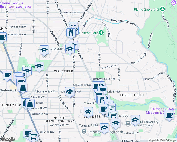 map of restaurants, bars, coffee shops, grocery stores, and more near 4701 Connecticut Avenue Northwest in Washington