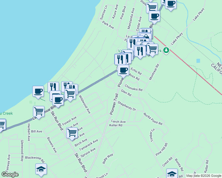 map of restaurants, bars, coffee shops, grocery stores, and more near 3831 Pentagon Road in South Lake Tahoe