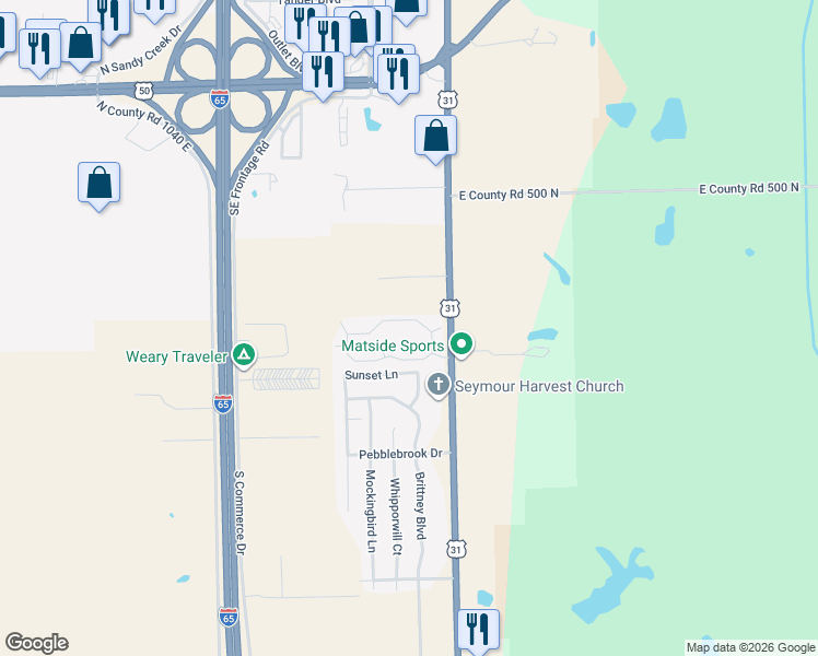 map of restaurants, bars, coffee shops, grocery stores, and more near 2571 Bent Tree Lane in Seymour
