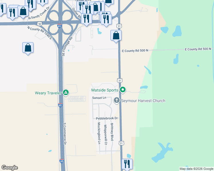 map of restaurants, bars, coffee shops, grocery stores, and more near 2571 Bent Tree Lane in Seymour