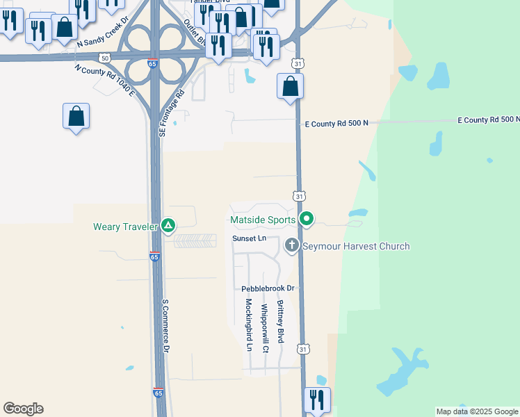 map of restaurants, bars, coffee shops, grocery stores, and more near 2710 Bent Tree Lane in Seymour