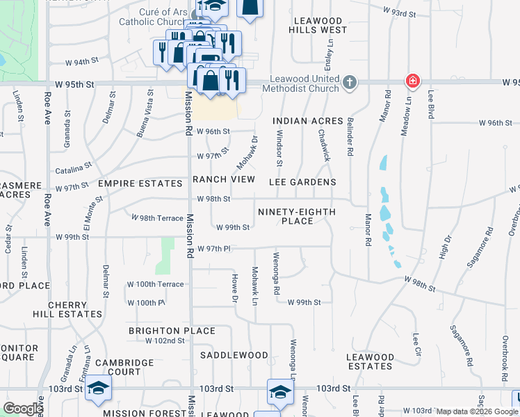 map of restaurants, bars, coffee shops, grocery stores, and more near in Leawood