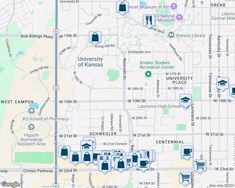 map of restaurants, bars, coffee shops, grocery stores, and more near 1800 Naismith Drive in Lawrence