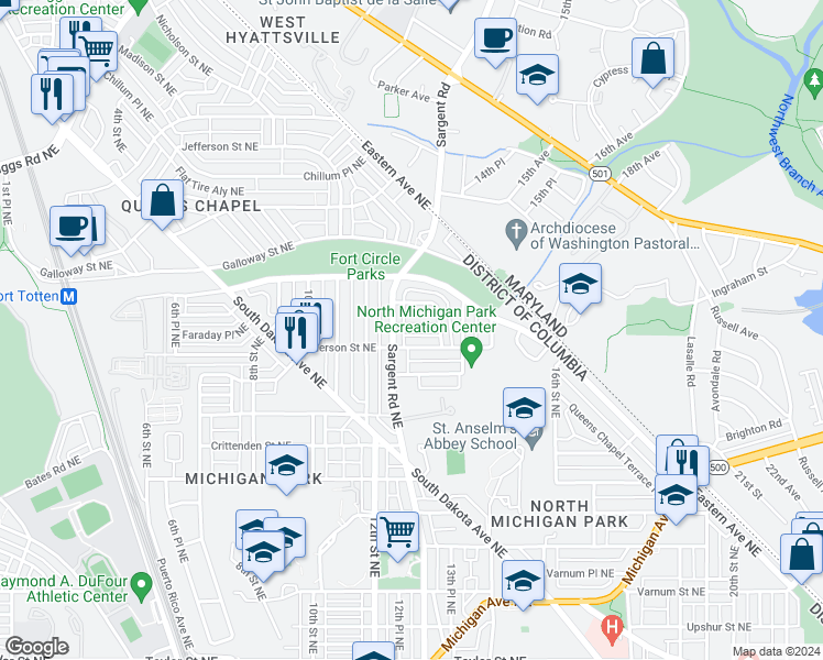 map of restaurants, bars, coffee shops, grocery stores, and more near 1231 Faraday Place Northeast in Washington