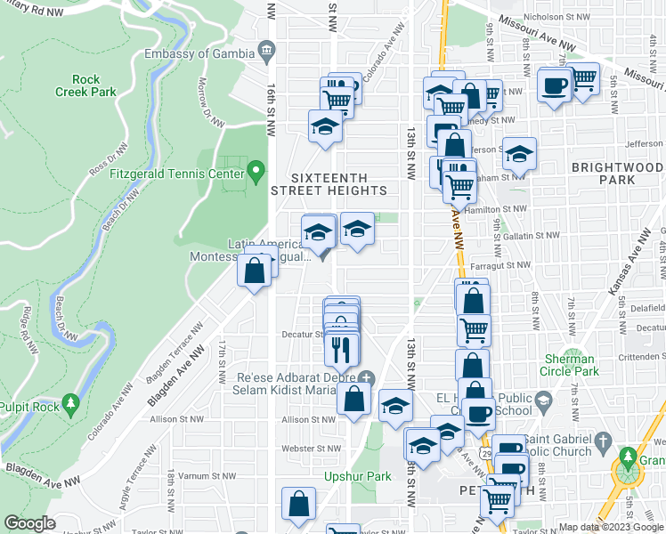 map of restaurants, bars, coffee shops, grocery stores, and more near 14th St NW & Farragut St NW in Washington