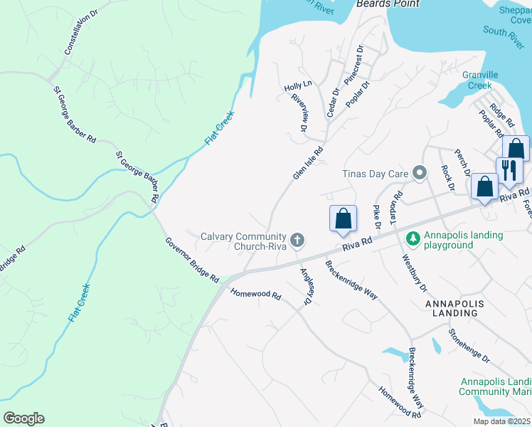 map of restaurants, bars, coffee shops, grocery stores, and more near 404 Kathe Court in Riva