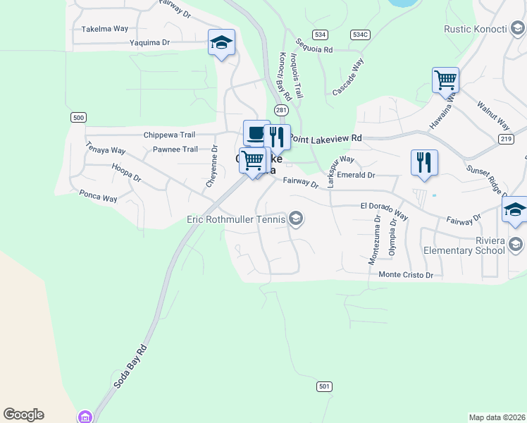 map of restaurants, bars, coffee shops, grocery stores, and more near 9660 Tenaya Way in Kelseyville