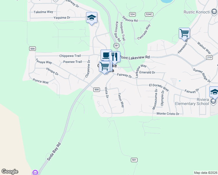 map of restaurants, bars, coffee shops, grocery stores, and more near 9659 County Road 500 in Kelseyville