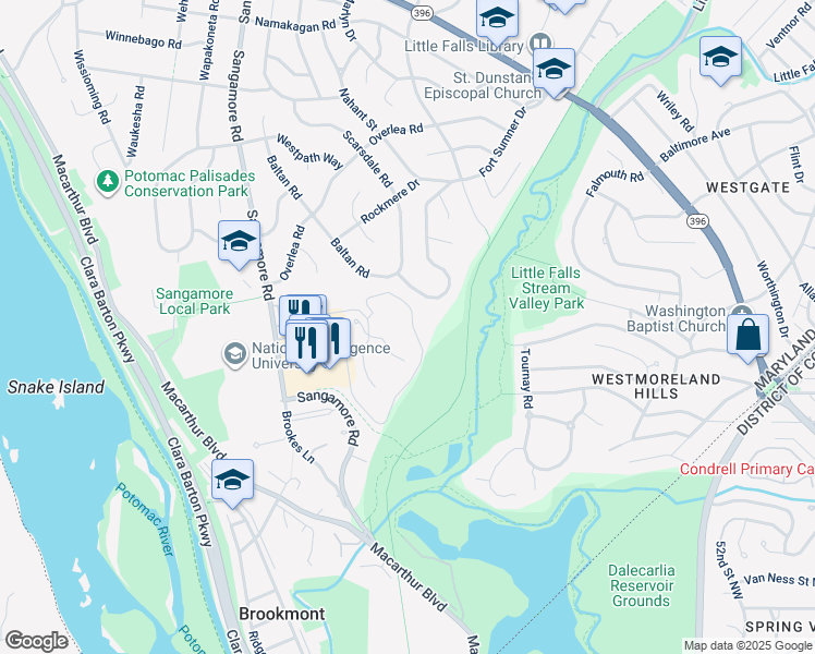 map of restaurants, bars, coffee shops, grocery stores, and more near 4982 Sentinel Drive in Bethesda