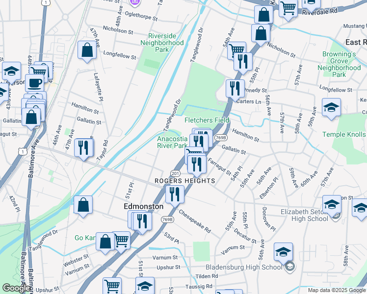 map of restaurants, bars, coffee shops, grocery stores, and more near 5114 Kenilworth Avenue in Hyattsville