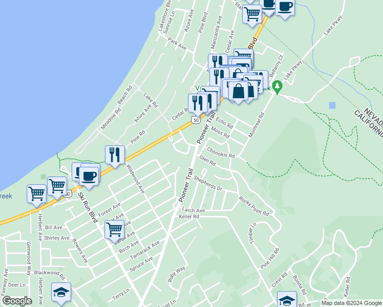 map of restaurants, bars, coffee shops, grocery stores, and more near 3867 Pioneer Trail in South Lake Tahoe