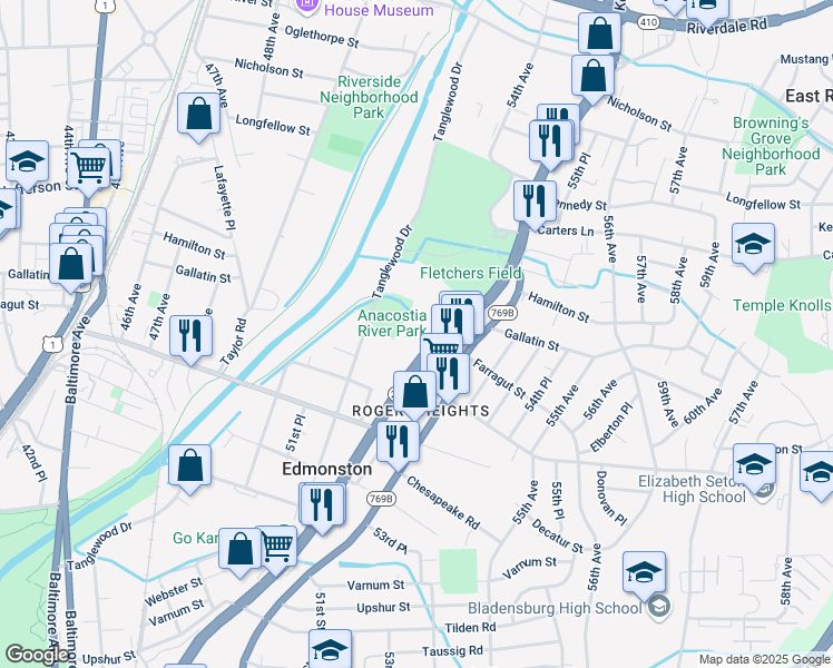 map of restaurants, bars, coffee shops, grocery stores, and more near 5122 Kenilworth Avenue in Hyattsville