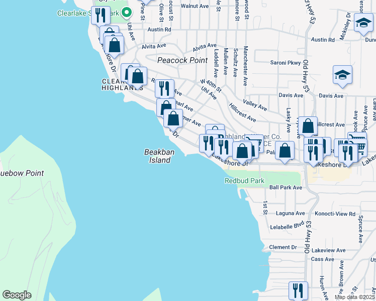 map of restaurants, bars, coffee shops, grocery stores, and more near 14551 Lakeshore Drive in Clearlake