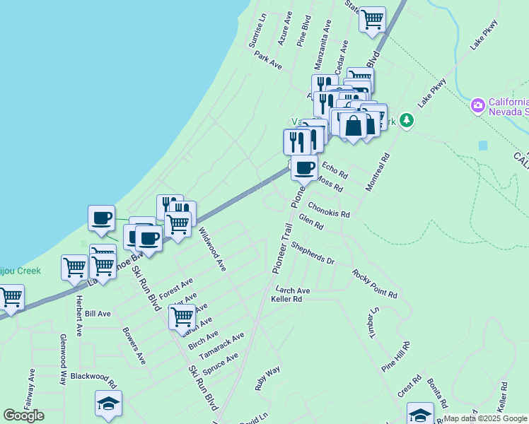 map of restaurants, bars, coffee shops, grocery stores, and more near 3841 Pentagon Road in South Lake Tahoe
