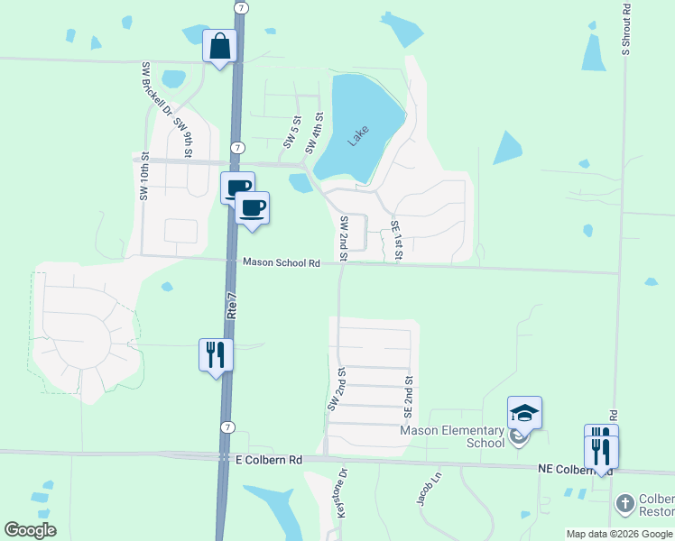 map of restaurants, bars, coffee shops, grocery stores, and more near 26497-26839 Mason School Road in Blue Springs