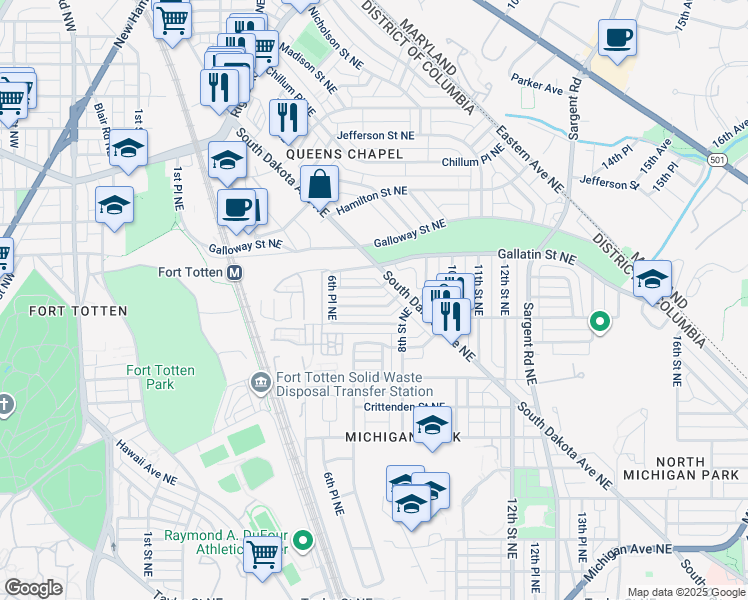 map of restaurants, bars, coffee shops, grocery stores, and more near 714 Faraday Place Northeast in Washington
