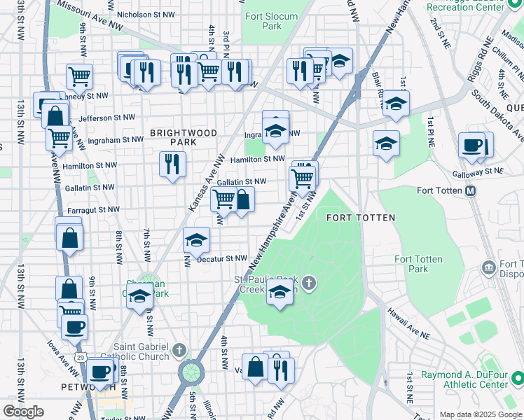 map of restaurants, bars, coffee shops, grocery stores, and more near 236 Farragut Street Northwest in Washington