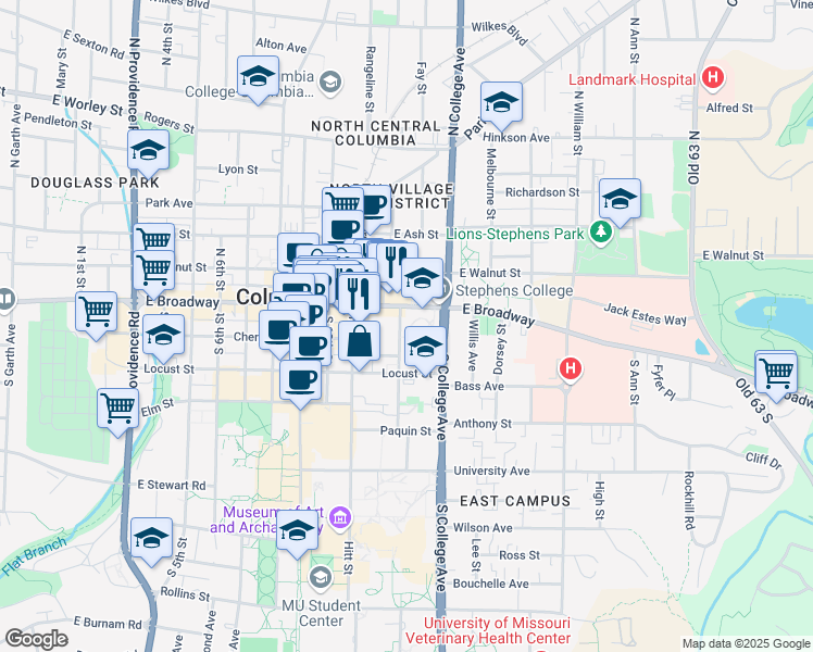 map of restaurants, bars, coffee shops, grocery stores, and more near 14 Waugh Street in Columbia