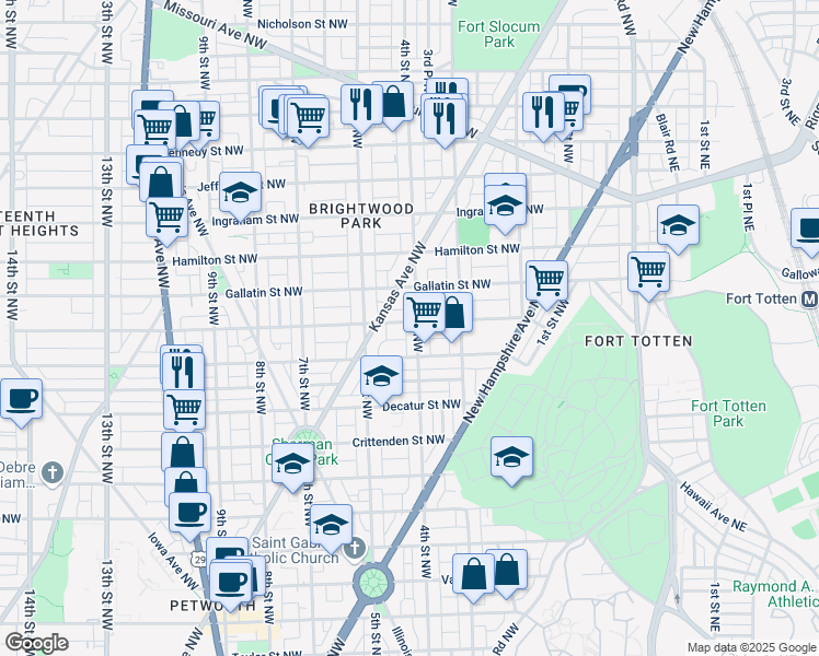 map of restaurants, bars, coffee shops, grocery stores, and more near 4928 4th Street Northwest in Washington