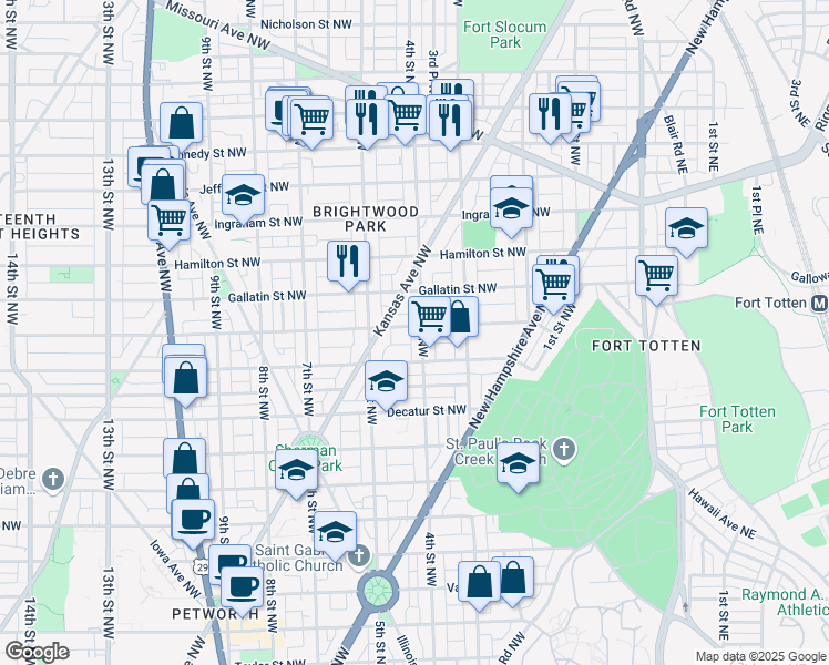 map of restaurants, bars, coffee shops, grocery stores, and more near 4928 4th Street Northwest in Washington