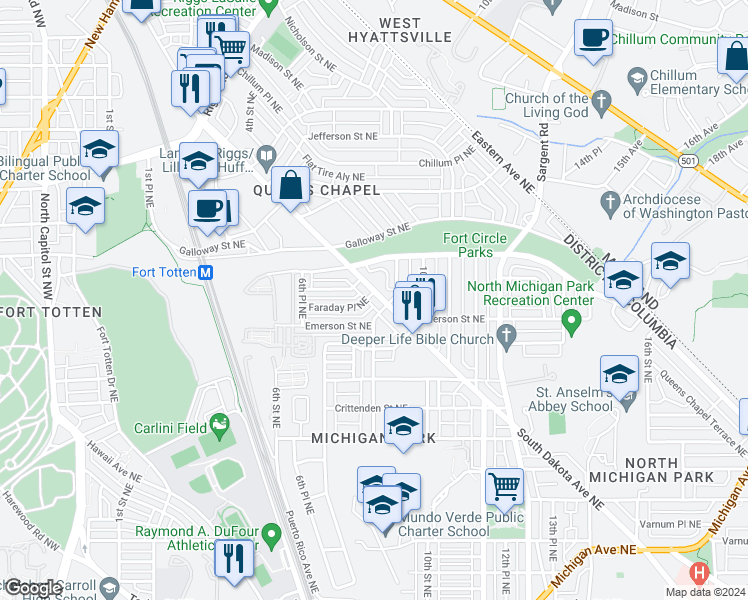map of restaurants, bars, coffee shops, grocery stores, and more near 5112 South Dakota Avenue Northeast in Washington