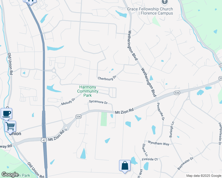 map of restaurants, bars, coffee shops, grocery stores, and more near 9600 Splendor Drive in Union