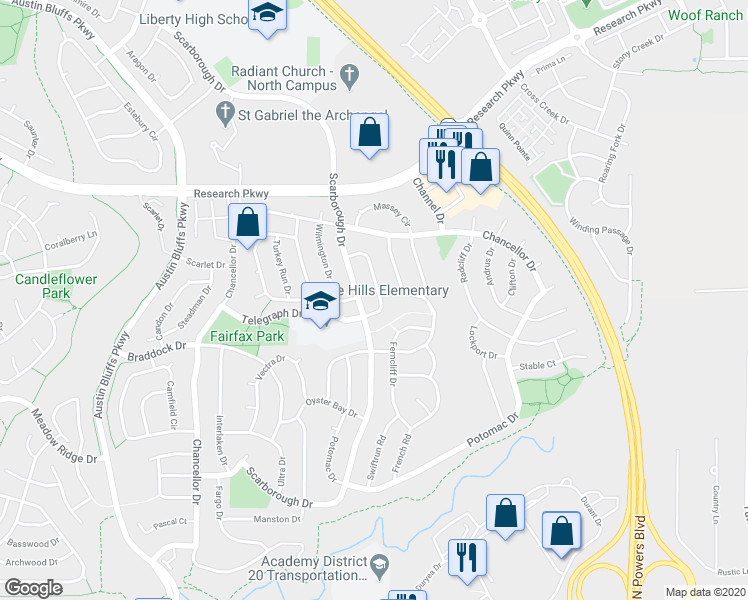 map of restaurants, bars, coffee shops, grocery stores, and more near 8102 Telegraph Drive in Colorado Springs