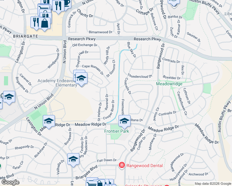 map of restaurants, bars, coffee shops, grocery stores, and more near 8355 Cooper River Drive in Colorado Springs