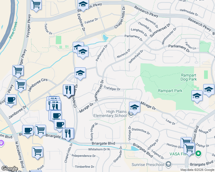 map of restaurants, bars, coffee shops, grocery stores, and more near 8187 Summerset Drive in Colorado Springs
